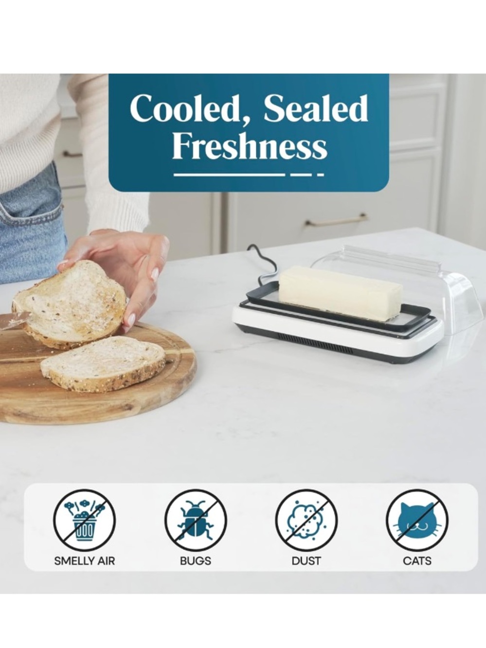 Smart Butter Dish Keeps Butter Cool, Fresh & Convenient On The Counter, White - Picture 6 of 9